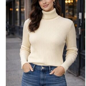 TG Sm Sears JR Bazaar Cream Ribbed Turtleneck Sweater Womens Long Sleeve Ivory